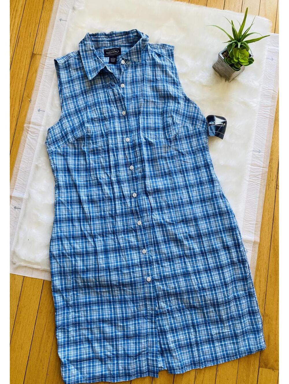 Sonoma Sleeveless Blue Plaid Shirt Dress Size Large